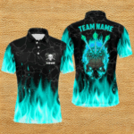 Fire Flame Skull Mens Darts Polo & Quarter Zip Shirt Custom Scary Darts Team Jerseys | Turquoise TDM2552