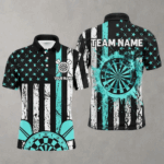 Custom Turquoise Grunge US Flag Patriotic Darts Shirts For Men, Darts Tournament Jersey Retro Style TDM2534