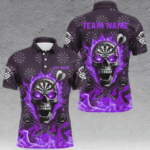 Purple Darts Skull Fire Flame Custom Men Dart Shirts, 3D Darts Jersey Short Sleeve For Team TDM2519