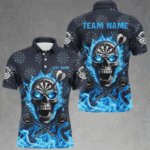 Blue Darts Skull Fire Flame Custom Men Darts Shirts, 3D Printed Darts Jersey Short Sleeve For Team TDM2517