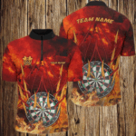 3D Dartboard On Fire Men Darts Quarter-Zip Shirt Custom Name Flame Dart Shirts For Player TDM1338